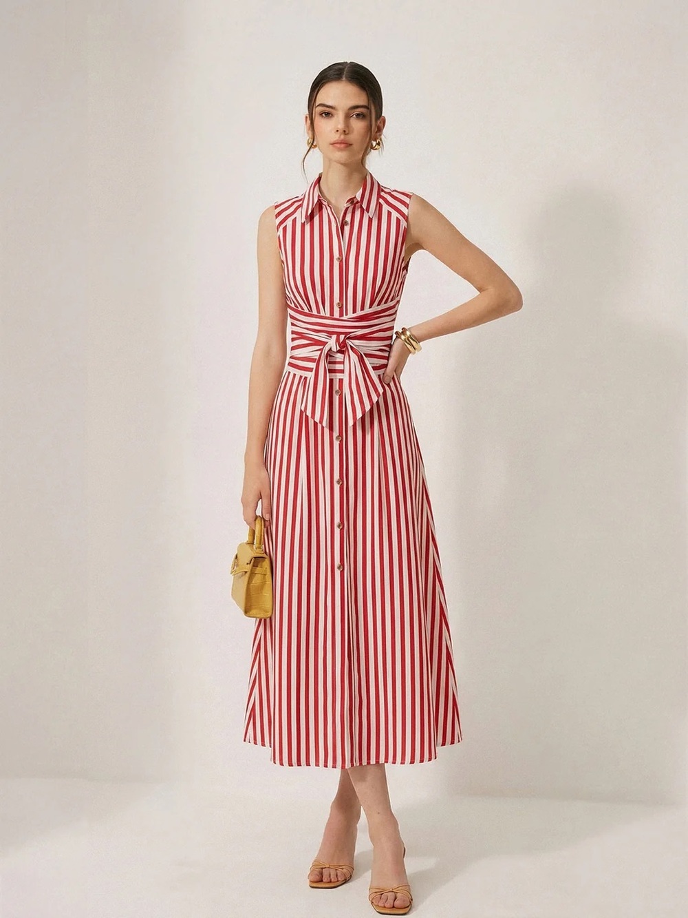 Commense Red and White Striped Tie-Waist Shirt Dress